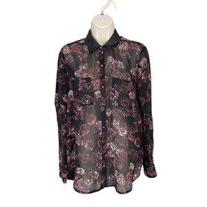 Rock & Republic Edgy Shirt Women Sheer Floral Roll Tab Stud Button Top Size S